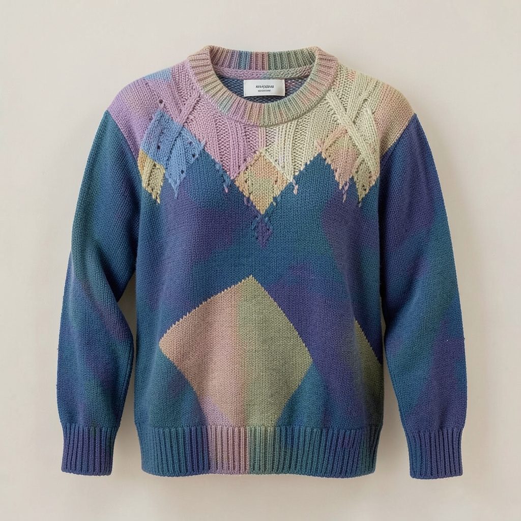 Dettaglio di una maglia a macchina con trama intrecciata, colori caldi e avvolgenti